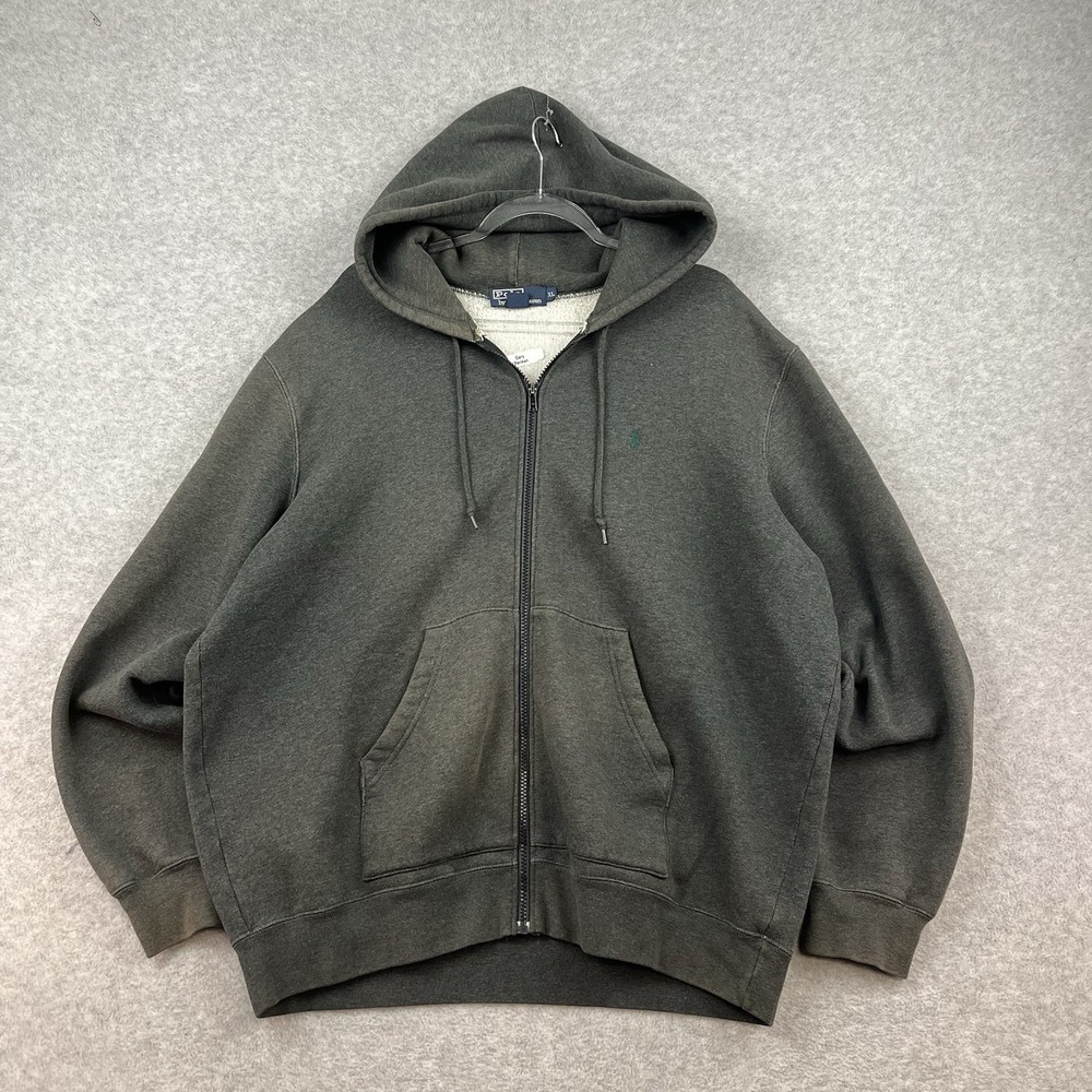 Polo Ralph Lauren Zip Up Hoodie Vintage Sweatshirt Dark Grey Gray Pony Logo XL‎